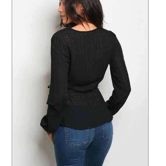 Waist Tie Black Wrap Blouse - Picture 4 of 5